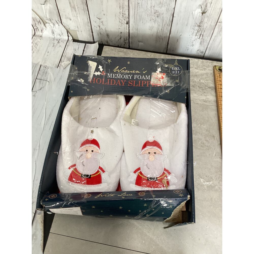 MEMORY FOAM HOLIDAY SLIPPERS SANTA CLAUS WHITE RED PLUSH 9-11 L/XL